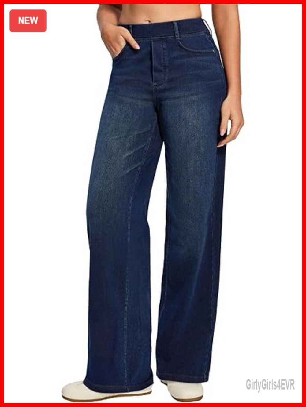 Stretchy High Waisted Pull On Wide Leg Denim Jeans with Pockets